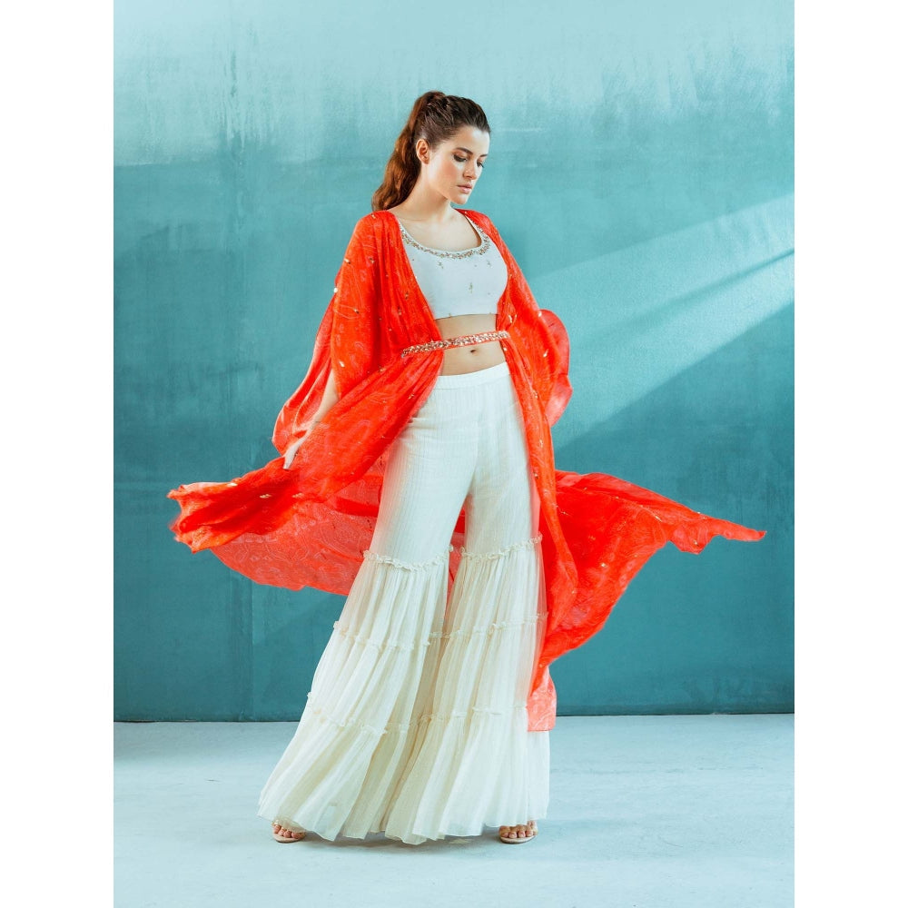 MANDIRA WIRK White and Orange Chiffon Cape with Ivory Blouse and Sharara (Set of 4)