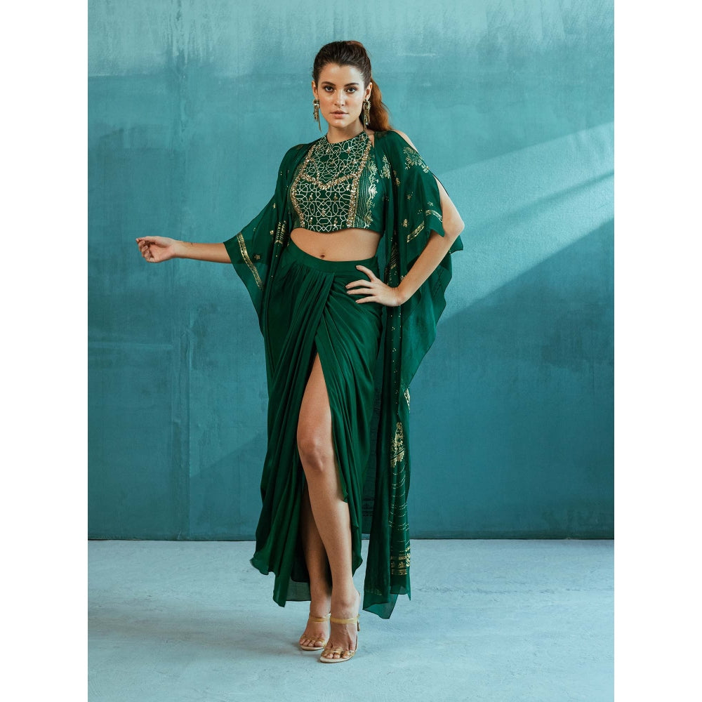 MANDIRA WIRK Emerald Green Cape with Blouse and Lehenga (Set of 3)