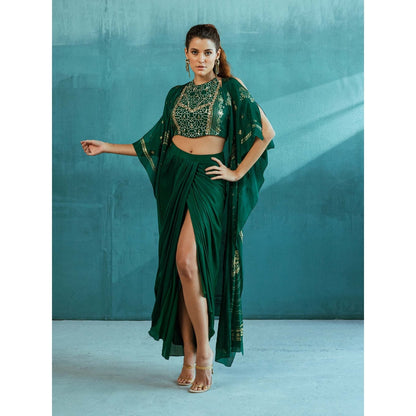 MANDIRA WIRK Emerald Green Cape with Blouse and Lehenga (Set of 3)