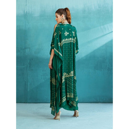 MANDIRA WIRK Emerald Green Cape with Blouse and Lehenga (Set of 3)