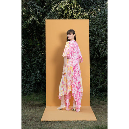 MANDIRA WIRK Orchid and Daisy Printed Cutout Bodysuit with Chiffon Long Cape (Set of 2)