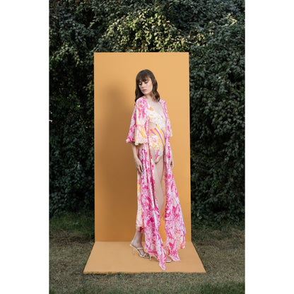 MANDIRA WIRK Orchid and Daisy Printed Cutout Bodysuit with Chiffon Long Cape (Set of 2)
