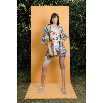 MANDIRA WIRK Hibiscus Printed Off Shoulder Bodysuit with Printed Organza Cover Up (Set of 2)