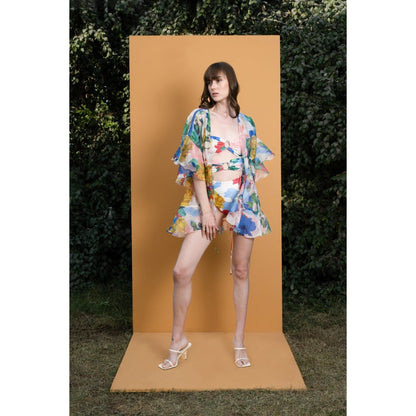 MANDIRA WIRK Hibiscus Printed Off Shoulder Bodysuit with Printed Organza Cover Up (Set of 2)