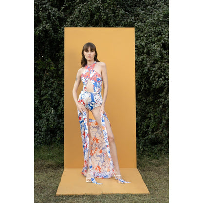MANDIRA WIRK Blue Mist Printed Bodysuit with Printed Chiffon Sarong (Set of 2)