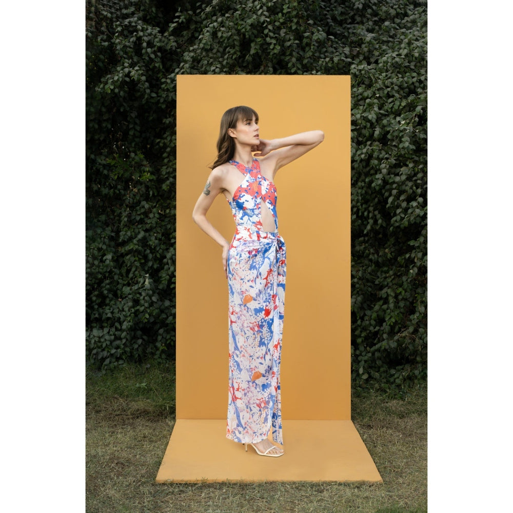 MANDIRA WIRK Blue Mist Printed Bodysuit with Printed Chiffon Sarong (Set of 2)