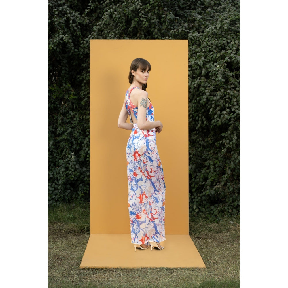 MANDIRA WIRK Blue Mist Printed Bodysuit with Printed Chiffon Sarong (Set of 2)