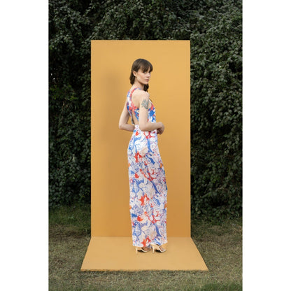 MANDIRA WIRK Blue Mist Printed Bodysuit with Printed Chiffon Sarong (Set of 2)