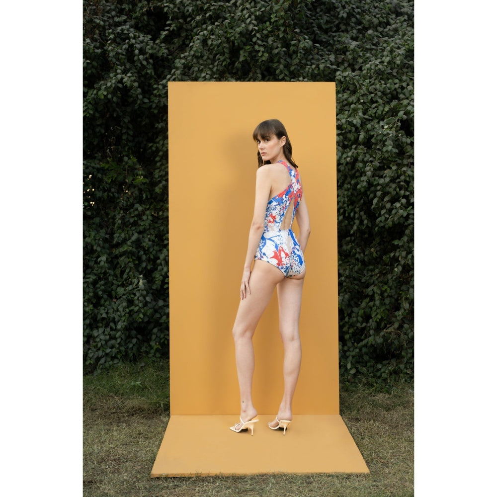 MANDIRA WIRK Blue Mist Printed Bodysuit with Printed Chiffon Sarong (Set of 2)