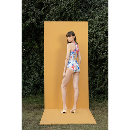 MANDIRA WIRK Blue Mist Printed Bodysuit with Printed Chiffon Sarong (Set of 2)