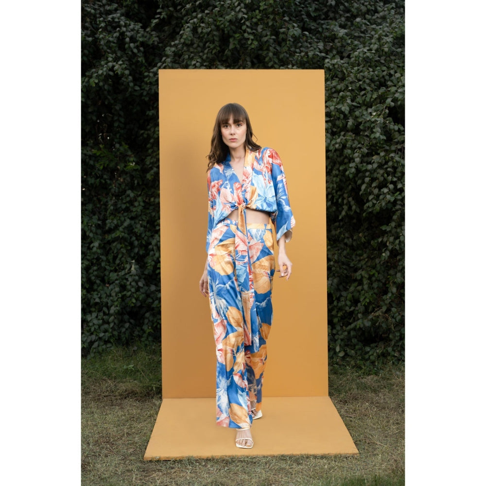 MANDIRA WIRK Hawaii Printed Satin Wrap Top with Bell Bottom Pants (Set of 2)