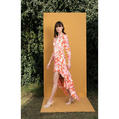 MANDIRA WIRK Maple Leaves Printed Chiffon High Low Wrap Dress