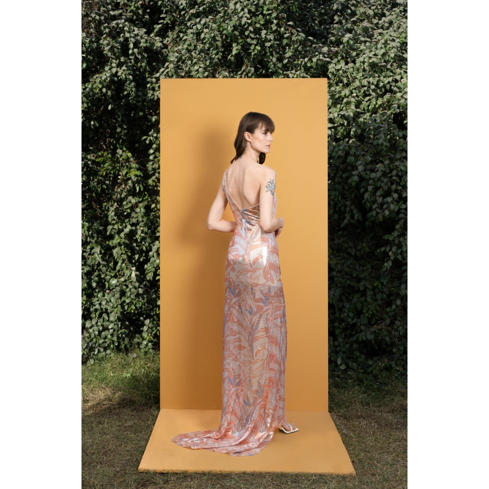 MANDIRA WIRK Willow Printed Sequins One Shoulder Long Dress with Ruching and Slit