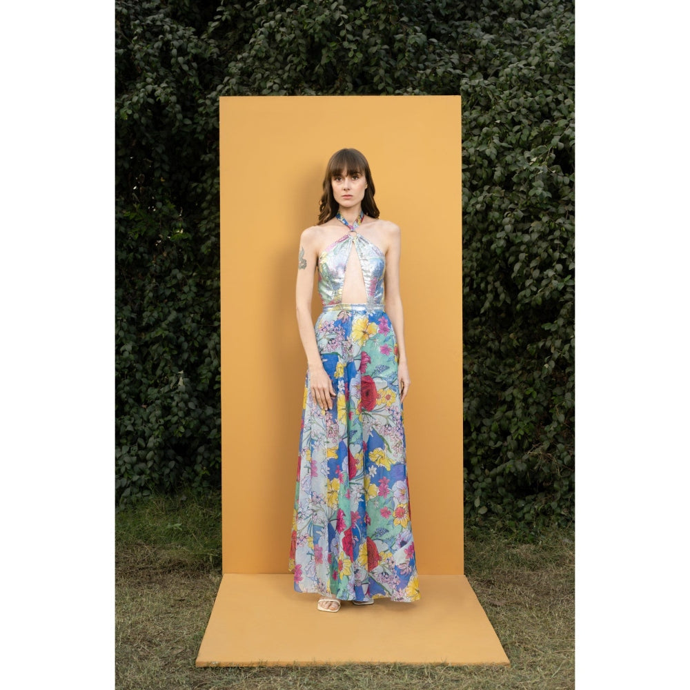 MANDIRA WIRK Hibiscus Printed Sequins Romper Gown