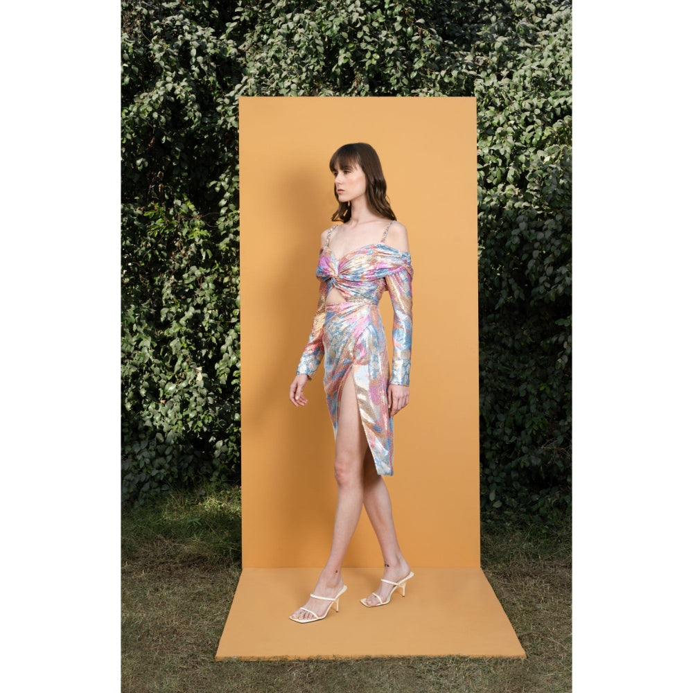MANDIRA WIRK Pop Abstract Draped Sequins Printed Short Dress with Slit and Straps