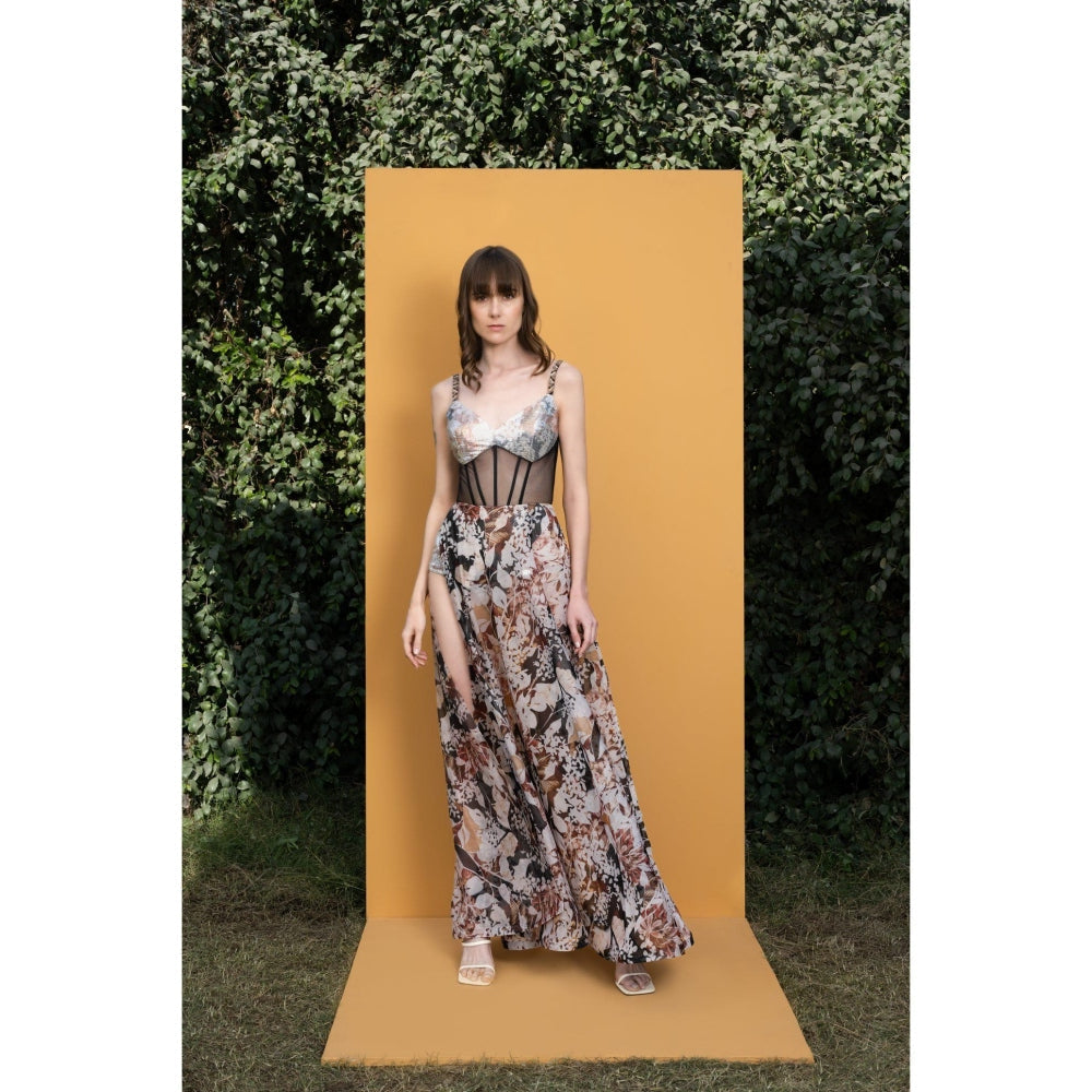 MANDIRA WIRK Black Rose Printed Sequins Romper Gown with Hand Embridered Straps and Boning