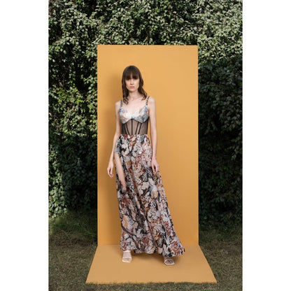 MANDIRA WIRK Black Rose Printed Sequins Romper Gown with Hand Embridered Straps and Boning
