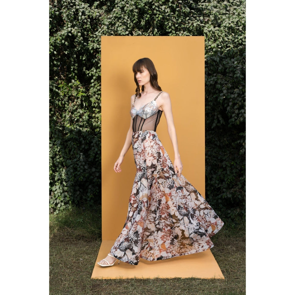 MANDIRA WIRK Black Rose Printed Sequins Romper Gown with Hand Embridered Straps and Boning