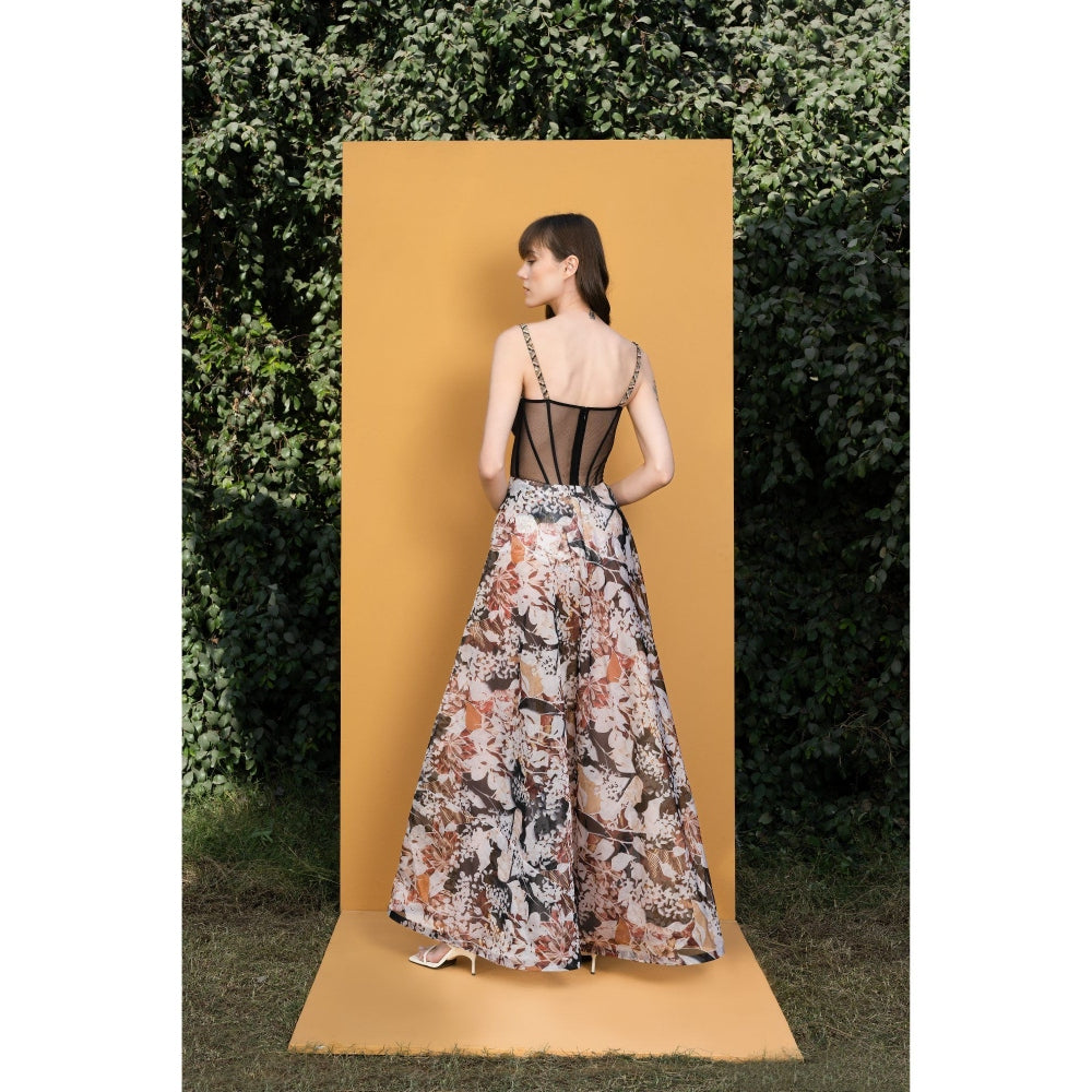 MANDIRA WIRK Black Rose Printed Sequins Romper Gown with Hand Embridered Straps and Boning
