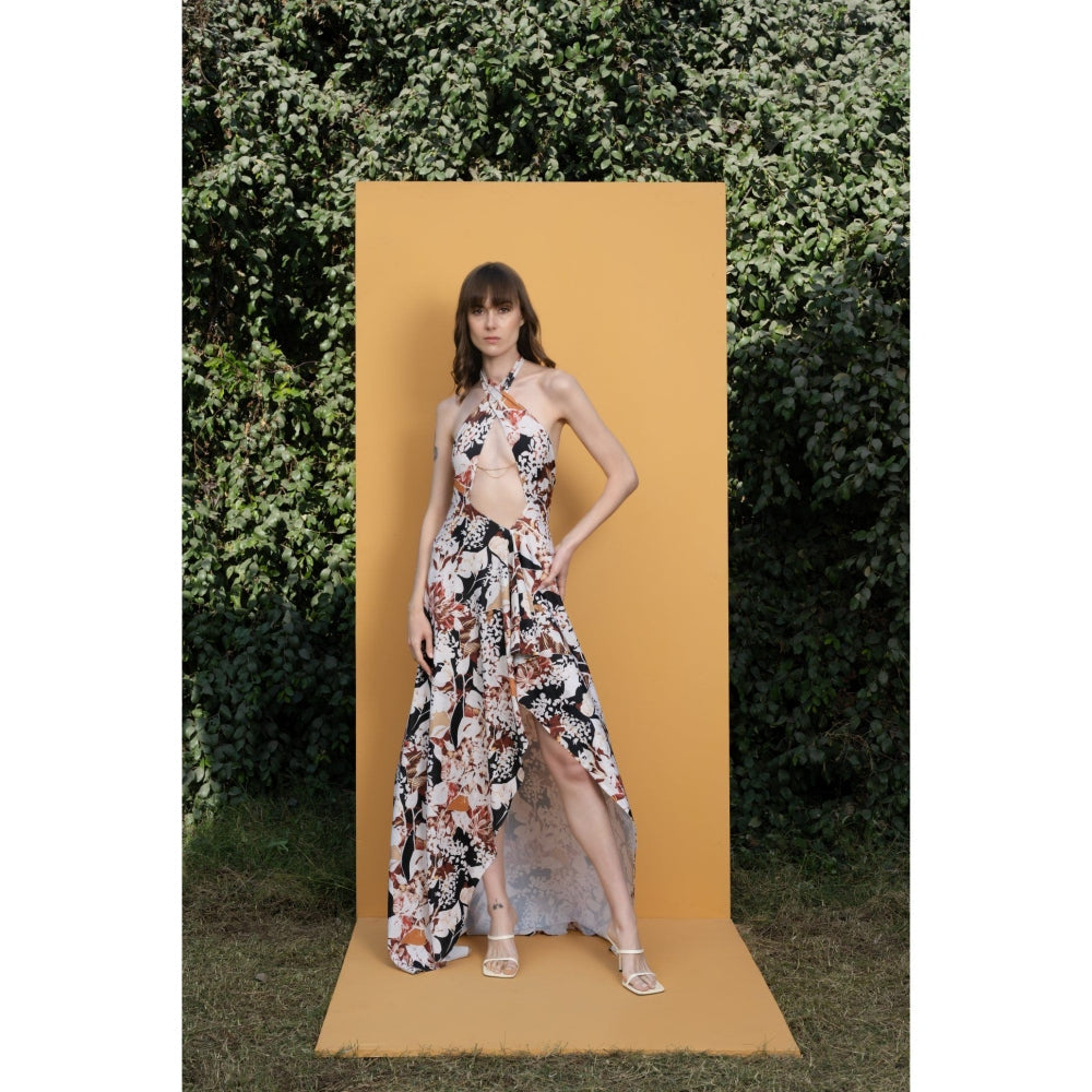 MANDIRA WIRK Black Rose Printed Spandex Dress with Ball Chain Detail