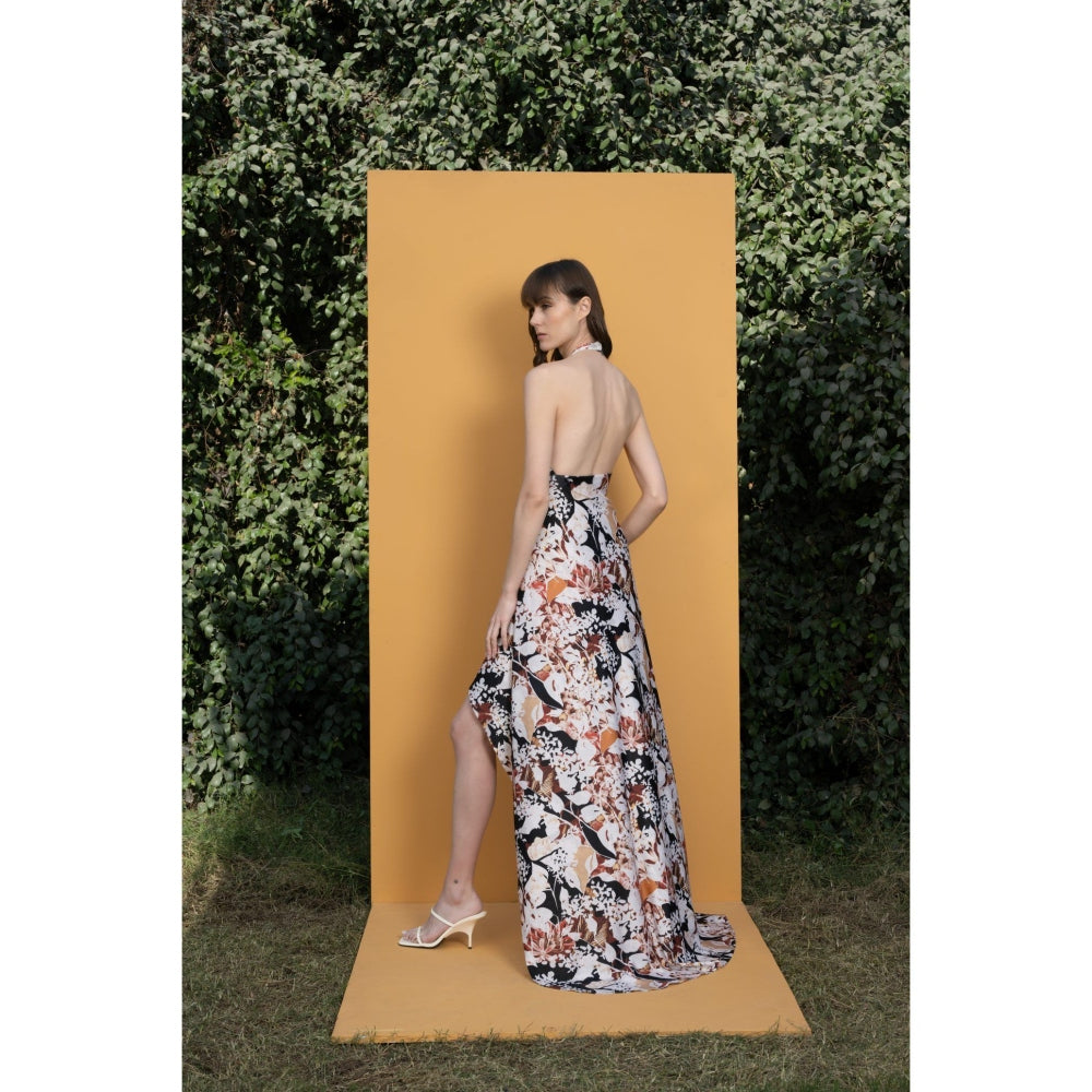 MANDIRA WIRK Black Rose Printed Spandex Dress with Ball Chain Detail