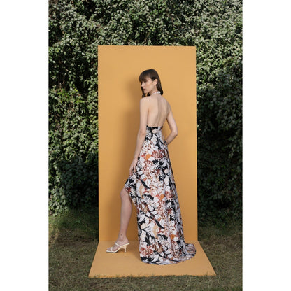MANDIRA WIRK Black Rose Printed Spandex Dress with Ball Chain Detail