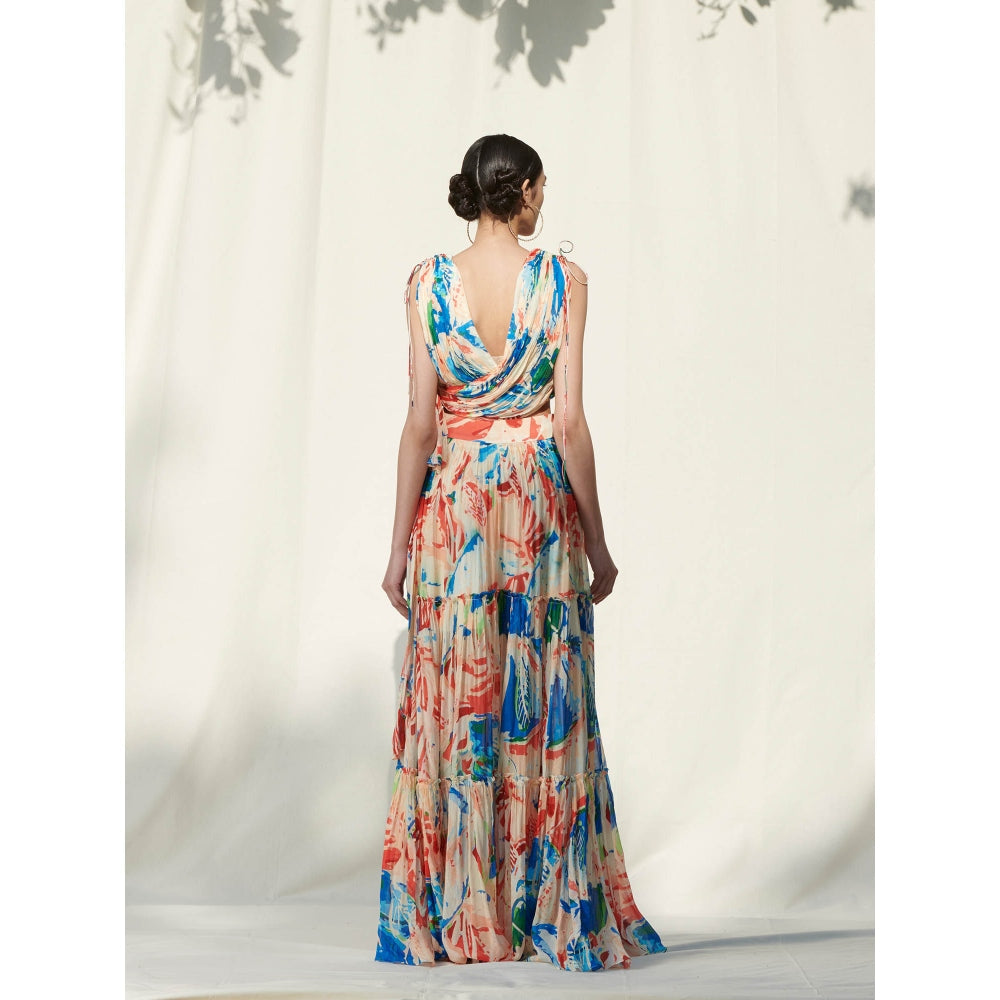 Mandira Wirk Multi-Color Printed Chiffon Crop Top With Skirt (Set Of 2)