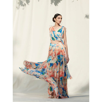 Mandira Wirk Multi-Color Printed Chiffon Crop Top With Skirt (Set Of 2)