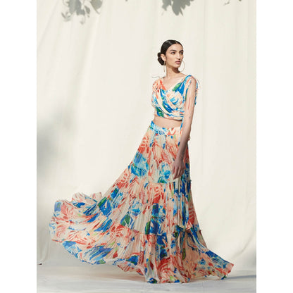 Mandira Wirk Multi-Color Printed Chiffon Crop Top With Skirt (Set Of 2)