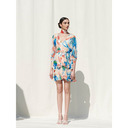 Mandira Wirk Multi-Color Printed Chiffon Dress With Slip (Set Of 2)