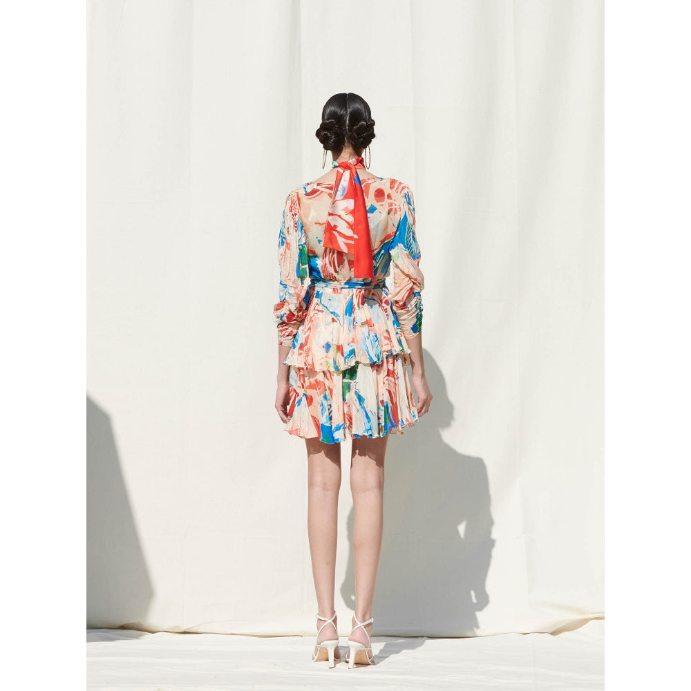 Mandira Wirk Multi-Color Printed Chiffon Dress With Slip (Set Of 2)