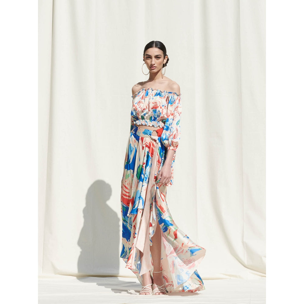 Mandira Wirk Multi-Color Printed Crepe Crop Top With Skirt (Set Of 2)