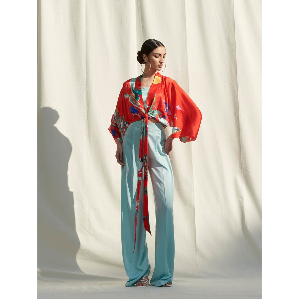 Mandira Wirk Red Printed Crepe Kaftan Top & Camisole With Pant (Set Of 3)