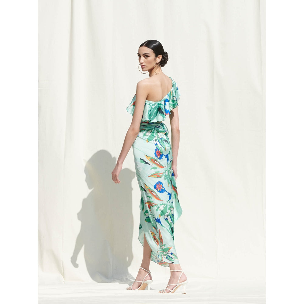 Mandira Wirk Mint Green Printed Crepe Crop Top With Skirt (Set Of 2)
