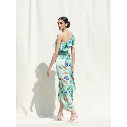 Mandira Wirk Mint Green Printed Crepe Crop Top With Skirt (Set Of 2)
