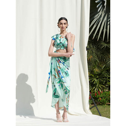 Mandira Wirk Mint Green Printed Crepe Crop Top With Skirt (Set Of 2)