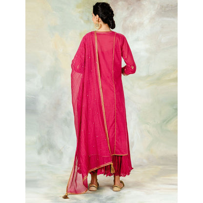 Mandira Wirk Fuchsia Hand Embroidered Kurta With Dress And Dupatta (Set of 3)