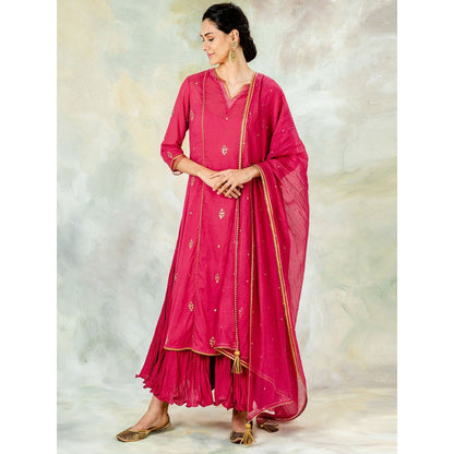 Mandira Wirk Fuchsia Hand Embroidered Kurta With Dress And Dupatta (Set of 3)