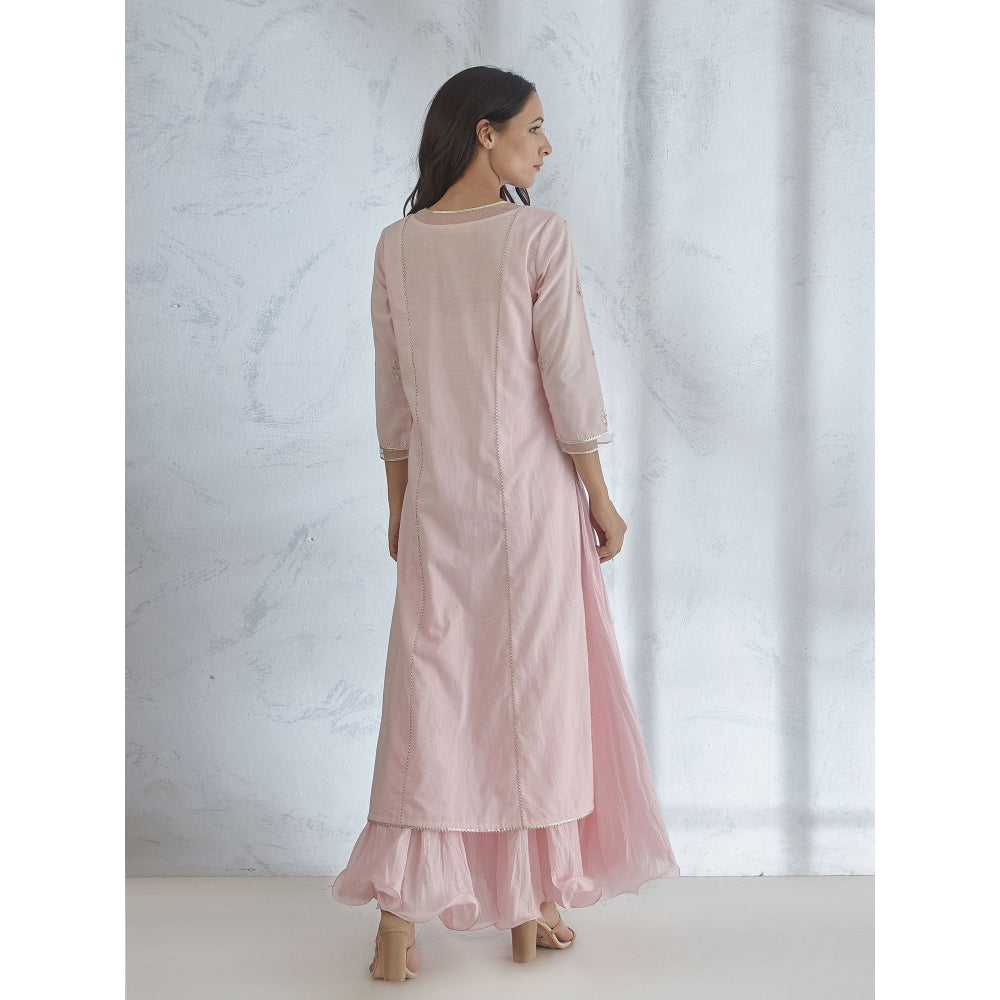 Mandira Wirk Icy Pink Hand Embroidered Kurta With Gota Dupatta & Long Slip (Set of 3)
