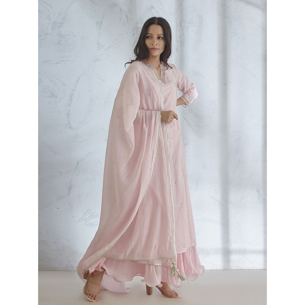 Mandira Wirk Icy Pink Hand Embroidered Kurta With Gota Dupatta & Long Slip (Set of 3)