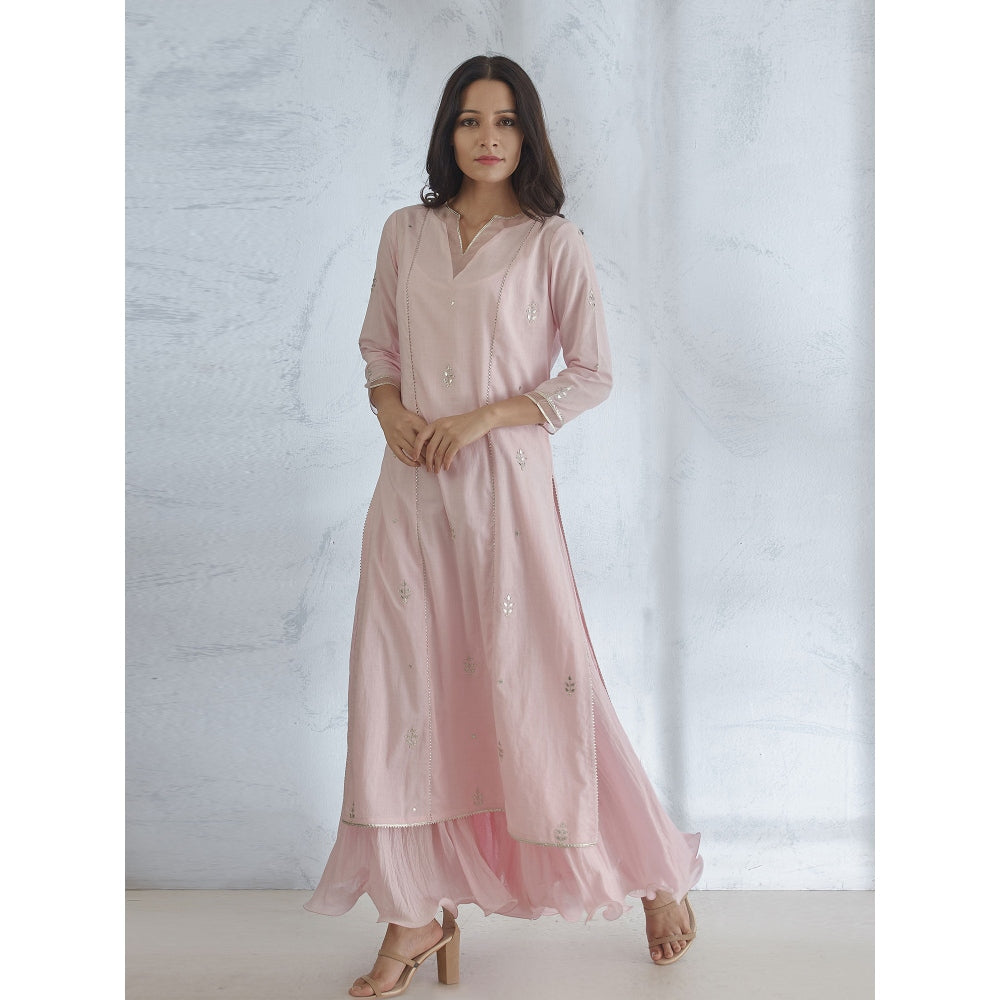 Mandira Wirk Icy Pink Hand Embroidered Kurta With Gota Dupatta & Long Slip (Set of 3)