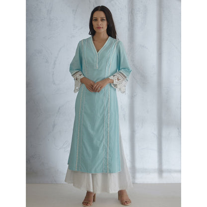 Mandira Wirk Light Blue Kurta With Lace Detailing & Panelled Palazzo (Set of 2)