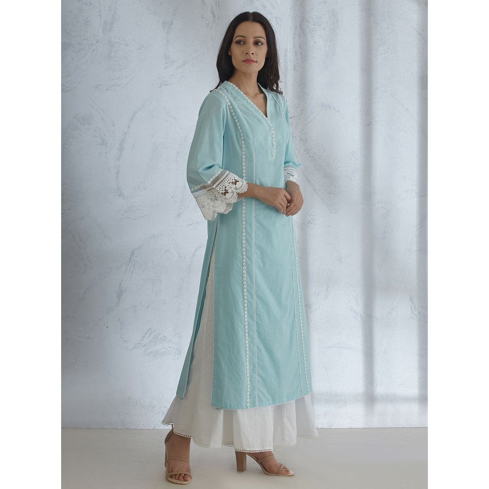Mandira Wirk Light Blue Kurta With Lace Detailing & Panelled Palazzo (Set of 2)