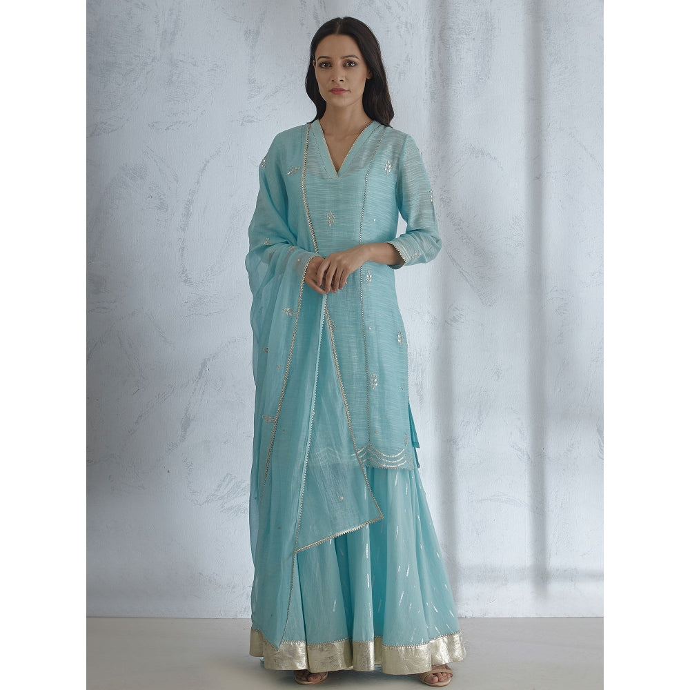 Mandira Wirk Scalloped Kurta With Light Blue Sharara And Dupatta (Set of 3)