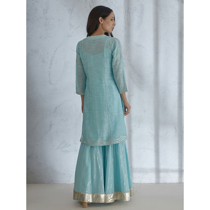 Mandira Wirk Scalloped Kurta With Light Blue Sharara And Dupatta (Set of 3)