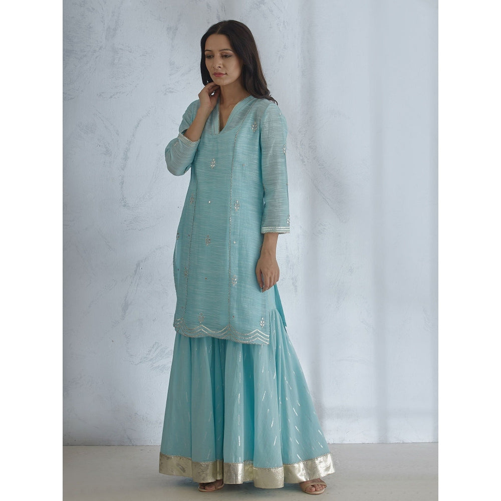 Mandira Wirk Scalloped Kurta With Light Blue Sharara And Dupatta (Set of 3)