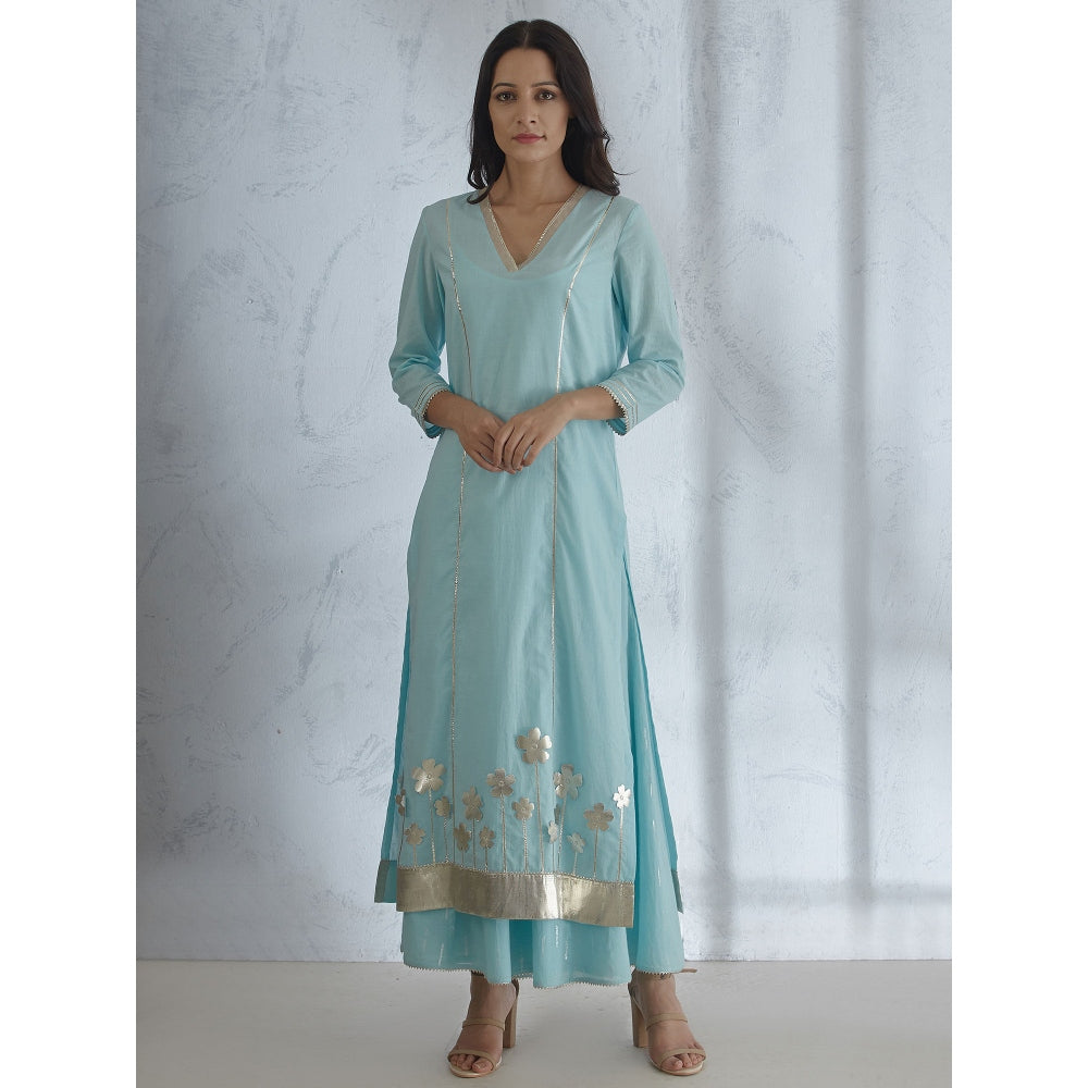 Mandira Wirk Scalloped Kurta With Light Blue Sharara And Dupatta (Set of 3)