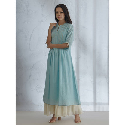 Mandira Wirk Blue Kurta With Pin Tuck Detailing And Ivory Tiered Sharara (Set of 2)