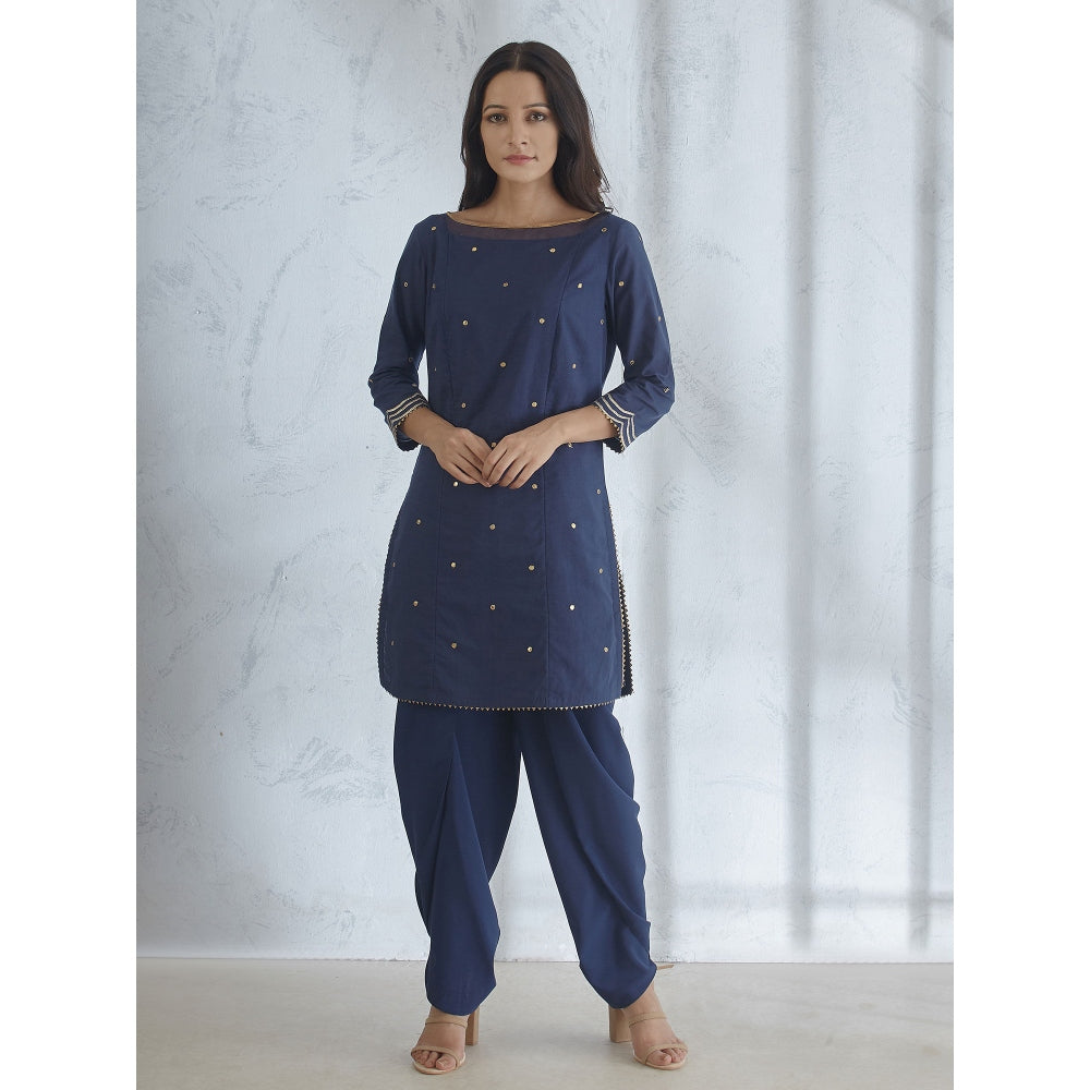 Mandira Wirk Short Navy Gota Embroidered Kurta With Dhoti Pants And Dupatta (Set of 3)