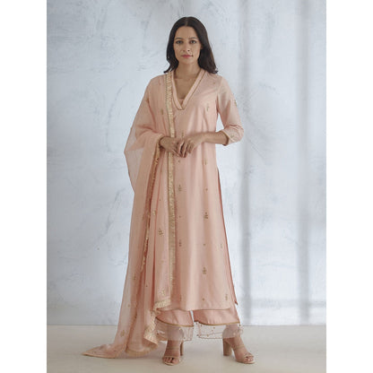Mandira Wirk Peach Embroidered Kurta With Palazzo & Dupatta